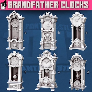 May include: A collection of six white grandfather clocks, each with a unique design. The clocks feature ornate details, Roman numeral clock faces, and pendulums. The image includes the text "GRANDFATHER CLOCKS" at the top.