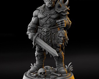 DnD Rhazgar Redhowl, Male Orc Fighter, Paladin, Ranger, Bard holding a sword and a skull/head Unpainted Miniature