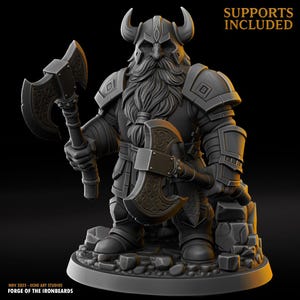 May include: A 3D-printed figurine of a dwarf warrior, wearing armour and a horned helmet. The dwarf has a long beard and holds two axes. The base has the text "SUPPORTS INCLUDED" and "NOV 2025 - ECHO ART STUDIOS FORGE OF THE IRONBEARDS".