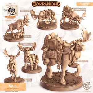 May include: A selection of unpainted moose miniatures, ideal for tabletop gaming. The figures are in various poses, some with packs and equipment. The set includes a character card. The miniatures are designed to be painted.