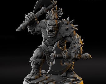 DnD Kraggor Gorefang, Male Orc Berserker, Barbarian, Paladin, Fighter, duel-wielding axes, Unpainted Miniature