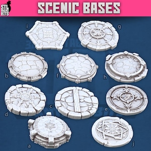 May include: A collection of white, intricately designed scenic bases for miniatures. The bases vary in shape, including round, hexagonal, and square, with detailed patterns and textures. The text "SCENIC BASES" is displayed in pink at the top.
