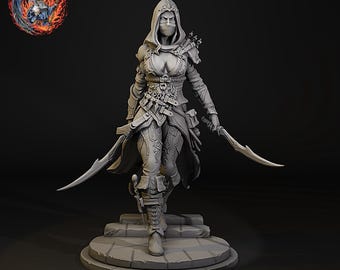 DnD | TTRPG | Pathfinder Zylah The Assassin, wearing a hood and mask, Female Human Rogue, Bard, Ranger Unpainted Miniature