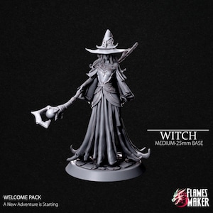 May include: A gray plastic miniature figurine of a witch wearing a pointed hat and a long robe, holding a staff with a glowing orb at the end. The figurine is standing on a round base. The text "WITCH" and "MEDIUM-25mm BASE" is printed below the figurine.