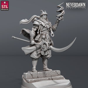 May include: A gray 3D printed miniature of a warrior figure with a hooded cloak, holding a staff and a crescent-shaped blade. The figure is wearing a mask and ornate armor. The miniature is standing on a stone base. The text "NEVERDAWN CHRONICLES" is visible in the upper right corner of the image.