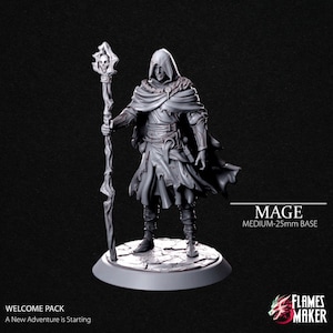 May include: A gray 3D printed miniature of a mage holding a staff with a skull at the top. The mage is wearing a hooded robe and is standing on a 25mm base. The text "MAGE" and "MEDIUM-25mm BASE" is printed below the miniature. The text "WELCOME PACK" and "A New Adventure is Starting" is printed below the base.