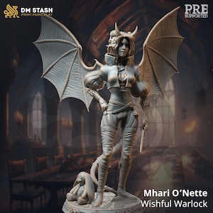 May include: A detailed figurine of Mhari O'Nette, the Wishful Warlock, with large bat-like wings, horns, and a stylish outfit. The figure is holding a small dagger and stands next to a plush bunny. The DM STASH logo is visible.