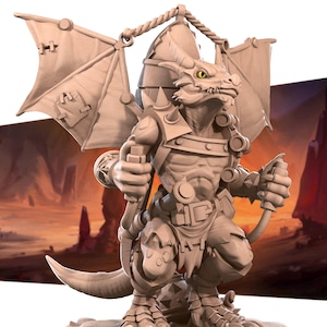 May include: A beige dragon figurine with detailed wings, holding a bow and arrow. The dragon has a stern expression and is wearing armor. The wings are attached to a harness. The figurine is set against a blurred background.