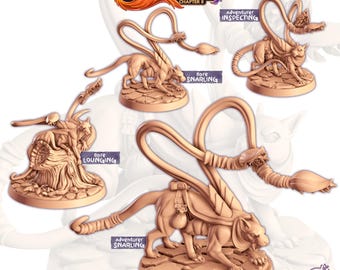 以下が含まれることがあります： 「Bore Snarling」や「Adventurer Snarling」など、様々なポーズのDisplacer Beastのミニチュアのコレクション。 ミニチュアは薄茶色で、石のようなベースに展示されています。 「Cornelia's Fantastic Creatures Chapter II」の文字が見えます。
