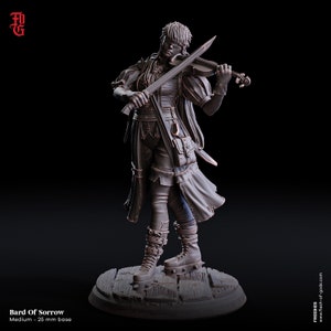 May include: A detailed miniature figurine of a bard playing a violin. The figure is wearing a long coat, pants, and boots. The figure is standing on a wooden base.