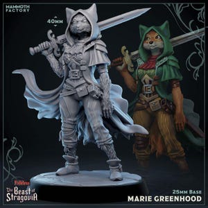 DnD | Pathfinder | TTRPG Marie Greenhood Female Kitsune Fighter | Ranger | Rogue Unpainted Miniature