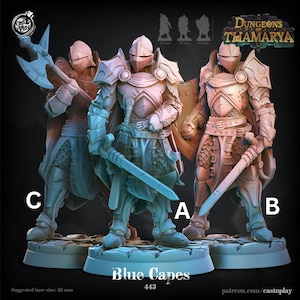 Puede incluir: Tres figuras en miniatura de caballeros de 35 mm que llevan capas azules y armaduras. Las figuras están en diferentes posturas, sosteniendo espadas y escudos. Las figuras están etiquetadas como A, B y C. El texto "Blue Capes 443" está impreso debajo de las figuras.