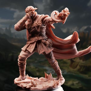 May include: A detailed figurine of a warrior in a dynamic pose, clad in armor and a flowing cape. The figure is holding a weapon with a decorative element. The color is a muted reddish-brown, with intricate details on the clothing and base.