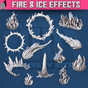 Puede incluir: Una colección de miniaturas impresas en 3D que presentan efectos de fuego y hielo. La imagen muestra varias formas de llama y hielo, incluyendo bolas de fuego, llamas y fragmentos de hielo. El texto "FIRE & ICE EFFECTS" está en la parte superior.