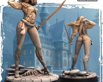 Puede incluir: Una figura miniatura de fantasía de una guerrera elfa femenina, sosteniendo una espada y vistiendo una armadura de cuero con una capa fluida. La figura está pintada en tonos de marrón, blanco y gris. El fondo presenta un castillo.