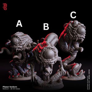 May include: Three gray and black detailed miniature figures of creatures with large eyes and tentacles. The figures are on circular bases and are labeled A, B, and C.
