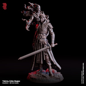 May include: A detailed figurine of Valryn, Echo Rogue, a fantasy character with a sword, wearing a long coat and armour. A spectral figure looms behind the character. The base is 25 mm. The color palette is dark with red accents.
