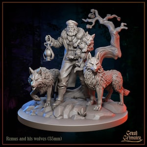 May include: A detailed figurine depicting a man with a beard, holding a lantern and two wolf pups, surrounded by two adult wolves. The base is rocky, with a stylized tree in the background. The text "Remus and his wolves (35mm)" is at the bottom.