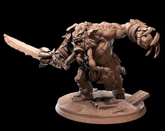 May include: A detailed figurine of a muscular, monstrous figure with a fierce expression. The figure is holding a large sword and has fur and armor details. The base is a circular platform with wooden planks. The color is a muted brown.