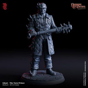 May include: A grey painted miniature figure of a ghost with a torn face and a spiked club. The figure is wearing a long coat and has a detailed, textured surface. The figure is standing on a circular base.