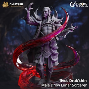 May include: A detailed gray figurine of a male Drow Lunar Sorcerer, Ilvos Drak'thin, with long white hair and pointed ears. He is posed with outstretched arms, surrounded by a flowing red energy effect. The figure is wearing armor. The image includes the text "DROW FROM BEYOND".