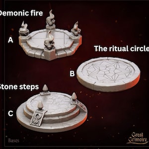 May include: Three gray stone bases with different designs. One base features "Demonic fire" accents, another is "The ritual circle", and the third has "Stone steps". The bases are labeled A, B, and C. The text "Bases" and "Great Grimoire" are also visible.