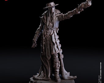 May include: A detailed miniature figurine of a character named Silas Blackthorn, wearing a long coat, a hat, and holding a flaming torch. The figurine is made of a gray material and stands on a 25 mm base.