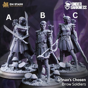 May include: Three gray 3D printed miniature figures of drow soldiers, labeled A, B, and C. The figures are posed in a fighting stance, holding swords and bows. The figures are standing on a base with mushrooms.