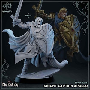 May include: A gray plastic miniature of a knight in armor holding a sword and shield. The knight is wearing a cape and has a determined expression on his face. The miniature is 58 mm tall and is designed for tabletop gaming. The text "Knight Captain Apollo" and "25mm Base" are visible in the image.