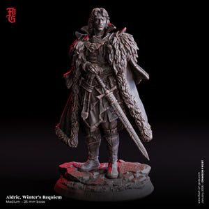 Op de afbeelding: Een gedetailleerd miniatuurbeeldje van een man in een bont gevoerde mantel, die een zwaard vasthoudt. Het beeldje is in bronskleur geverfd en staat op een rotsachtige basis. De tekst "Aldric, Winter's Requiem" is zichtbaar onder het beeldje.