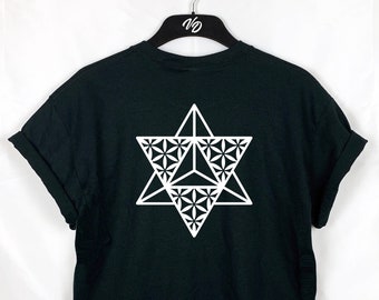Merkaba com design de flor da vida nas costas, camiseta de geometria sagrada, camisa minimalista, espiritualidade, presente místico