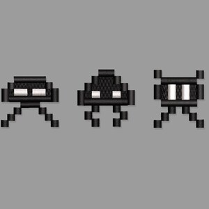 May include: Pixelated black alien creatures with white eyes and various leg designs are displayed against a gray background. The retro-style illustration features five distinct alien designs, reminiscent of classic arcade games.
