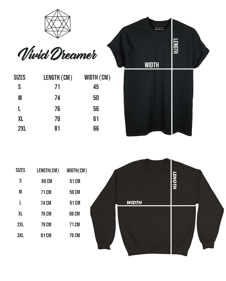 May include: Black t-shirt and sweatshirt with size charts. The t-shirt's measurements are displayed with length and width in centimeters. The sweatshirt's measurements are also in centimeters. The brand name "Vivid Dreamer" is at the top.