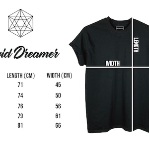 May include: Size chart for a t-shirt with measurements in centimeters. The chart shows the length and width of the shirt in different sizes: S, M, L, XL, and 2XL.