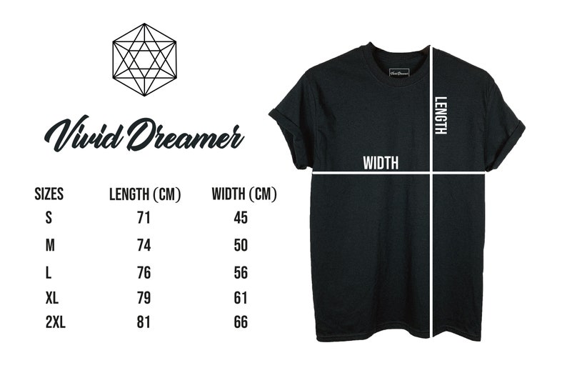 May include: Size chart for a t-shirt with measurements in centimeters. The chart shows the length and width of the shirt in different sizes: S, M, L, XL, and 2XL.