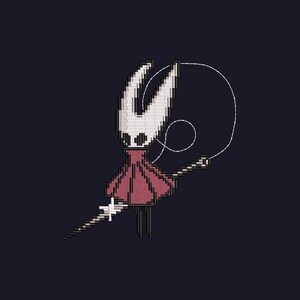 May include: Pixelated character design featuring a white mask with two horns, a red dress, and a white weapon. The character is set against a dark blue background. A white string extends from the character's head.