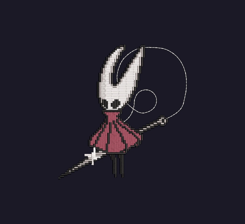May include: Pixelated character design featuring a white mask with two horns, a red dress, and a white weapon. The character is set against a dark blue background. A white string extends from the character's head.