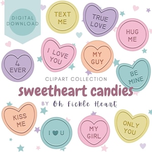 SWEETHEART CANDIES PNG clipart set - doces com mensagem de amor em forma de coração em cores pastel, amor, dia dos namorados