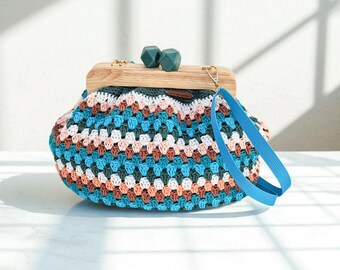 Bohemian Crochet Sling Bag | Wooden Clasp Crossbody | Vintage Purse Handmade in UK