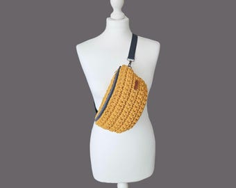Handmade Crochet Bumbag | Everyday Crossbody Bag UK | Practical Mum Bag | Recycled Cotton Bum Bag | Hands‑Free Dog Walking Bag