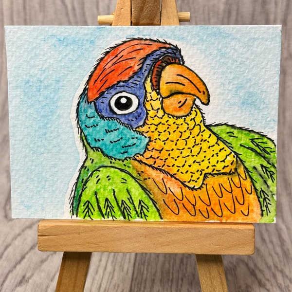 Tropical Parrot ACEO original watercolour miniature painting, collectors trading card art, UK artist, hand drawn and painted 2.5" x 3.5"