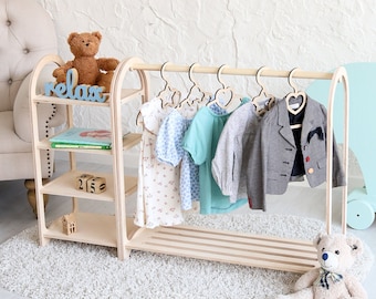 Montessori Clothing Rack for kids, Montessori Furniture for Toddlers, Baby Wardrobe, Kids Clothing Rack with Shelf, Montessori Toy Shelves