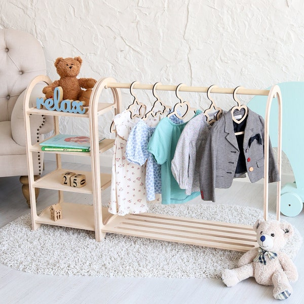 Montessori Clothing Rack for kids, Montessori Furniture for Toddlers, Baby Wardrobe, Kids Clothing Rack with Shelf, Montessori Toy Shelves