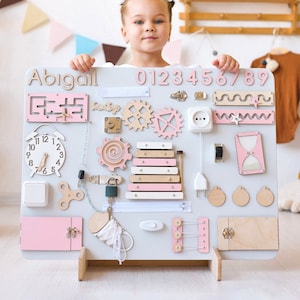 Busy Board For Toddler, Montessori Toys For First Birthday Gift, Wooden Personalized Sensory Board, Girl Boy Newborn Gift