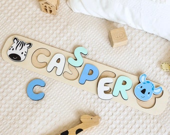 Personalized Wooden Name Puzzle with Animals, Custom Name Puzzle for Toddler, Kids Montessori Name Puzzle with Pegs