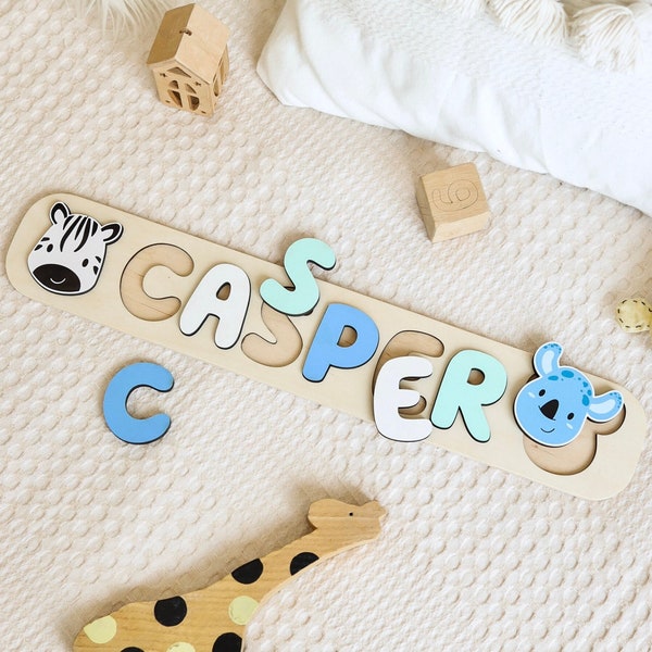 Puzzle con nome personalizzato con animali, giocattoli Montessori per neonati, puzzle con nome personalizzato, giocattoli in legno per bambini, regalo per la doccia per il primo compleanno