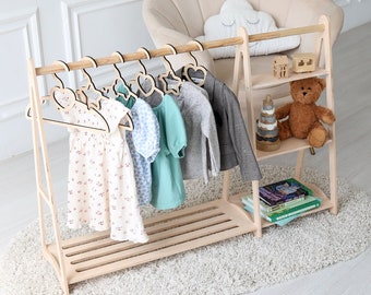 Children's Wardrobe: Montessori Clothing Rack - Natural Wood, Kids Room Decor Child-Friendly Furniture, Perfect Gift for Kids, Baby Birthday