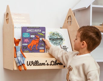 Libreria in legno Montessori personalizzata per bambini, mobili per la cameretta in legno naturale e organizer per regali per bambini, espositore per libri per bambini