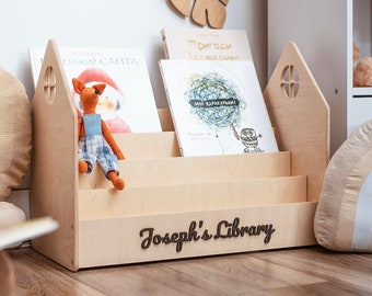 Wooden Montessori Bookshelf for Toddler, Kids Bookcase Montessori, Wood Toddler Bookcase, Personalized Nursery Bookshelf