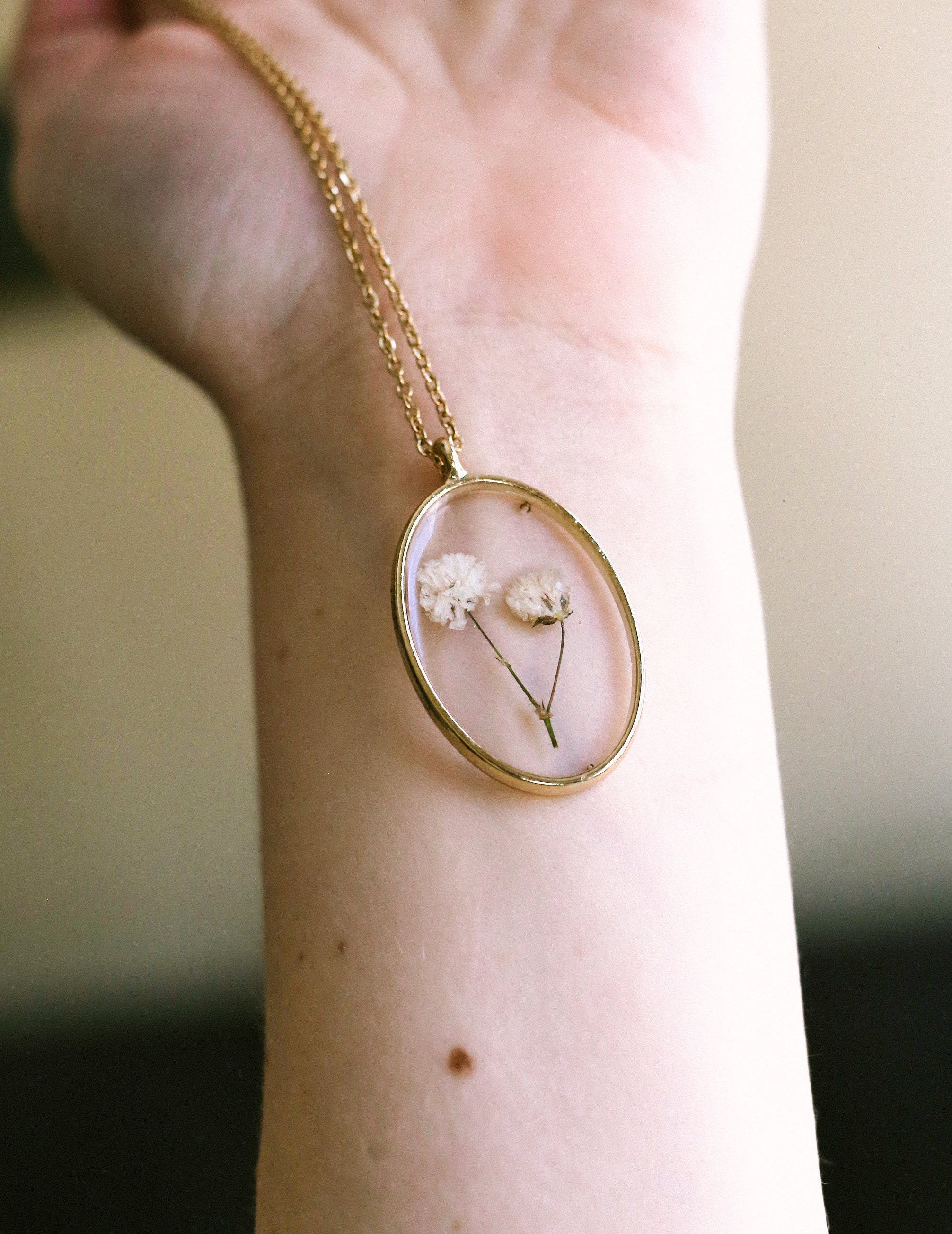 Baby's breath necklace gold plated oval pressed flower Etsy
